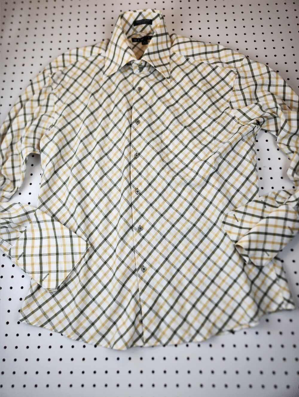 Men's Plaid Button-Down Dress Shirt in White with Olive and Gold